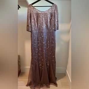Oleg Cassini three-quarter sleeve beaded gown with godets brown purple t…